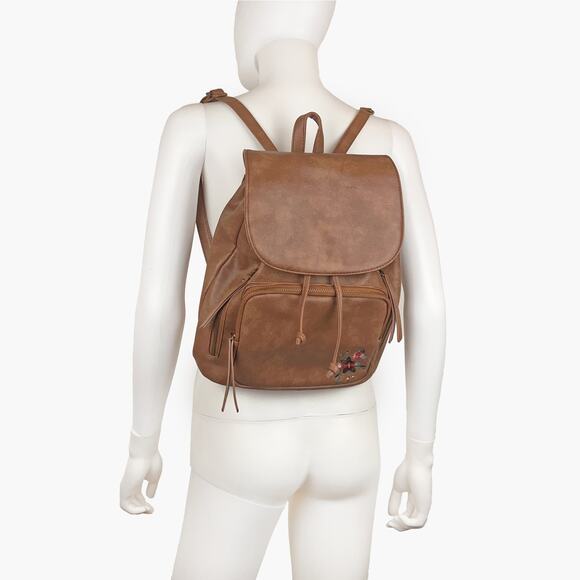 NWOT UNDER ONE SKY Faux Leather Floral Small Backpack (Tan/Cognac) - Picture 2 of 10